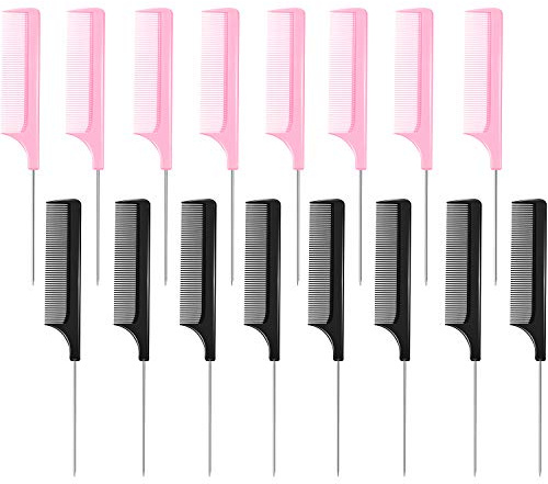 16 Pcs Rat Tail Comb Parting Rattail Comb Foiling Steel Pin Fine Tooth Fiber Heat Resistant Teasing Pintail Combs Women(Black and Pink)