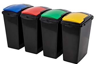 Addis Recycling 40 Litre Set of 4 Waste Utility Plastic Bins Interlocking Clips, Lift, Yellow & Green, Black Colour Coded Lids Red, Blue, Yellow, Green, 4 x 40