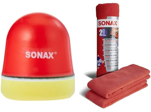 SONAX P-Ball (1 Stück) mühelos und schnell zum perfekten Polierergebnis & MicrofaserTücher Außen - der Lackpflegeprofi (2 Stück) hochwertig und flauschig, zum Entfernen von Polierrückständen