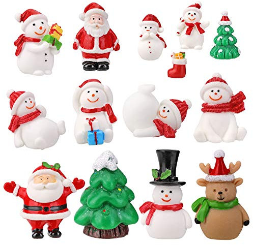 14 Stück Weihnachtsdeko Figuren Harz Miniatur Garten Deko Weihnachten Mini Ornamente Set für Fee Garten Bonsai Puppenhaus Zuhause Tischdeko DIY Zubehör Schneemann Weihnachtsmann Baum zum Schneekugeln
