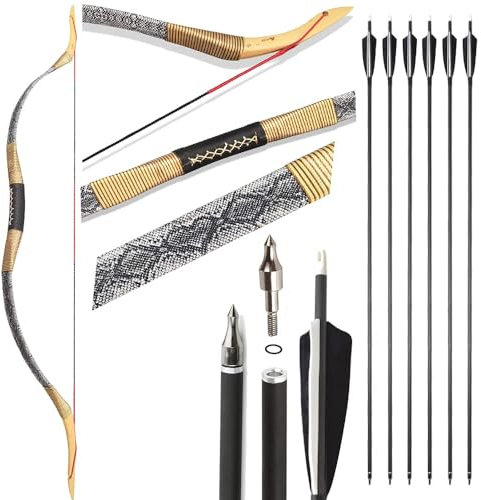 SHARROW Traditioneller Bogen Set 25-55lbs Recurve Bogen Set Reiterbogen Langbogen Bogenschießen Set Handgemacht Holzbogen Sportbogen Jagdbogen für Erwachsene und Anfänger (Typ 2, 55Lbs)