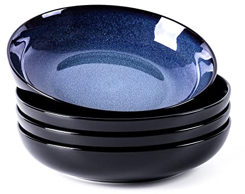LERATIO Pasta Bowls,Ceramic 38oz Pasta Bowls,9.0 Reactive Glaze Pasta Bowl Set of 4,Microwave & Dishwasher,Oven Safe,Large Wide Serving Bowls for Salad, Dessert,Pizza,Fruit -Blue