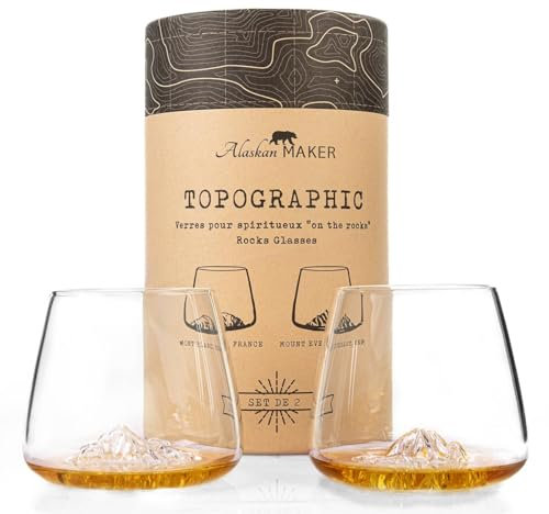 Verres à Whisky 350ml (lot de 2) - Verres Borosilicate de qualité supérieure, soufflés artisanalement avec les montagnes en relief | Forme Tulipe | Spiritueux TOPOGRAPHIC (Everest & Mont Blanc)