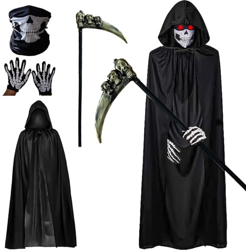 BOOSHMall Sensenmann Kostüm, Halloween Sensenmann Kostüm Herren, Halloween Tod Kostüm mit Sense Schädelmaske Umhang Kostüme Set für Erwachsene Halloween Dekoration