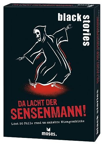 moses. Black Stories Da lacht der Sensenmann! - 50 Rätsel mit Fällen rund um makabre Missgeschicke, Krimi Kartenspiel mit Spielvariante und Punktechips, Rätselspiel für Jugendliche und Erwachsene
