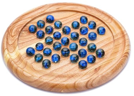 Ajuny Juego de Solitario de Madera 23 cm con 33 Canicas Azules – Tablero Redondo Clásico Hecho a Mano, Juego de Lógica y Estrategia para Adultos y Niños, Decoración de Mesa y Regalo