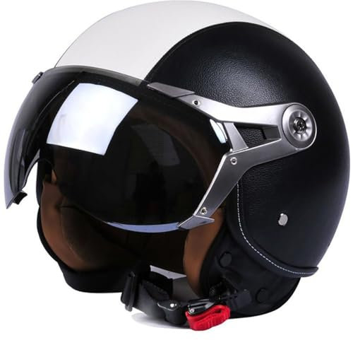 Jethelm mit Sonnenblende, Retro Motorradhelm Leder mit 7-Absätze-Sicherheitsschnalle, ECE 22.06 Zertifiziert, Motorradkreuzer-Rollerhelm im Deutschen Stil (57-62cm)