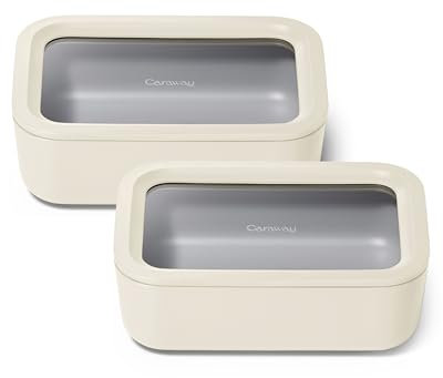 Caraway 2pc Glass Food Storage Set - 6.6 Cup Food Containers (2) - Ceramic Coated - Non Toxic, Non Stick Lunch Box with Lids. Dishwasher, Oven, & Microwave Safe - Cream