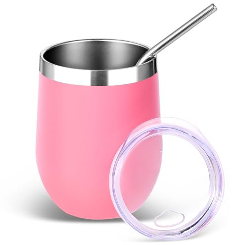 Volhoply Bicchiere da vino in acciaio inox da 350 ml, con coperchio e cannuccia, a doppia parete, isolamento sottovuoto, senza stelo, riutilizzabile, da viaggio, per bevande fredde, bicchieri, regalo