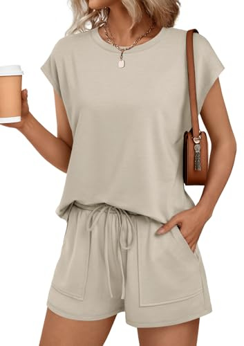 AUTOMET Womens Lounge Two 2 piece Sets Summer Spring Cruise Outfits 2026 Matching Beach Vacation Clothes Travel Sweatsuits Sweat Casual Romper Shorts Fashion Trendy Clothing Loungewear Khaki M