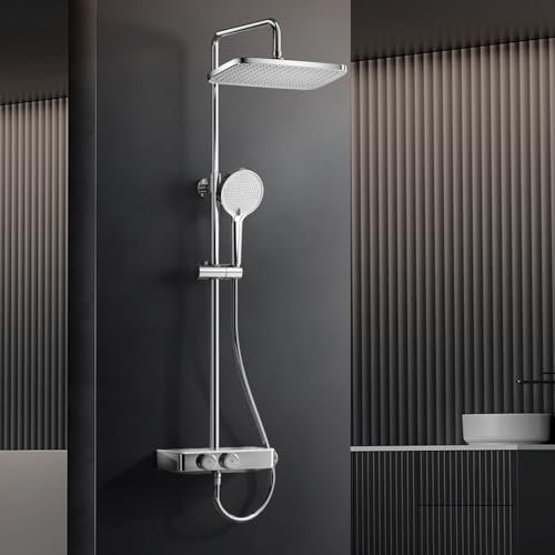HANLIAN Duschsystem mit Thermostat, Duscharmatur Komplettset mit Sicherheitsverriegelung, Regendusche mit Armatur, Duschamaturenset Regendusche mit Anhebbarer Brausestange (Stil L38, Chrom)