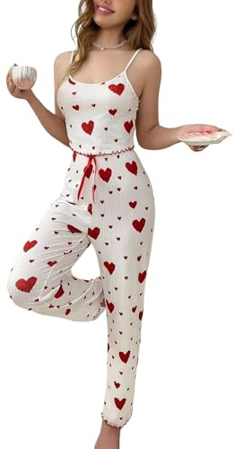 Gatamiau Femme Ensemble Pyjama Imprimé Cœur 2 Pièces Top sans Manches + Pantalon Taille Haute, Pyjama Sexy Chic Vêtements de Nuit Confortable Doux Vêtements d'Intérieur S-XL (Blanc+Rouge, M)