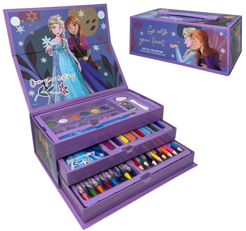 Boîte de peinture avec 52 pièces de couleurs et de papeterie pour enfants Disney La Reine des Neiges avec tiroirs kit de dessin et de peinture