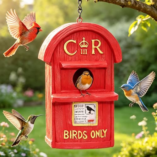 Attivolife Garden Bird House, Outdoor Weatherproof Nesting Box Red Mailbox, Resin Hanging Birdhouse Ornaments Yard Patio Decor Bluebird Finches Cardinals, Gardening Gifts for Bird Lover Women Mom