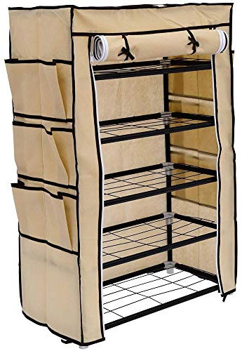 BAKAJI Armoire à chaussures à 6 étages, 60 x 30 x 90 cm, jusqu'à 18 paires de chaussures, structure en acier et revêtement en tissu TNT imperméable avec fermeture éclair anti-poussière (beige)