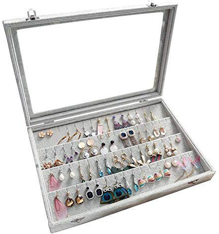 BIENSER Earrings Organiser, Velvet Clear Lid Earring Holder & 40 Pairs Earrings Storage Box, Jewellery Boxes Display Showcase Case Lockable, Dustproof, 13.14(L) X 9.18(W)