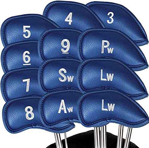 Couvre Club De Golf Fer Capuchon Protege Housse Protection Cache Cuir SynthÉTique Valeur Lot de 12 Coupe, Cover Club De Golf Fers Headcover Set avec Numéro Imprimées Unilatérale (Navy)