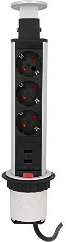 Unitec Versenkbare Steckdosenleiste vertikal | 2 USB Ladebuchsen | 3 Steckdosen | Befestigungsring | Anschlussleitung und Netzstecker