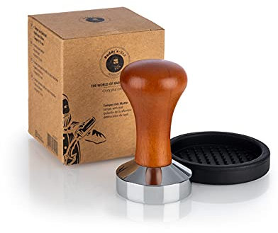 Buddy´s Bar - Barista Edition, Premium Tamper, presseur à café Ø 51 mm, Base 9 cm, Acier Inoxydable, Tampon à Expresso pour Porte-Filtre de 51 mm, Presse-café avec Tapis en Silicone, poignée en Bois