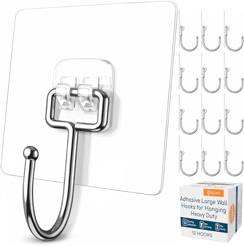 GLUIT Adhesive Large Wall Hooks for Hanging Heavy Duty 22 lbs Hooks for Walls No Damage, Towel Sticky Clear Hooks, Waterproof, Home, Bathroom, Kitchen, Office, and Outdoor 12 Pack