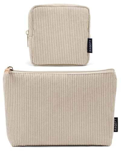 MAGEFY Small Makeup Bag, 2 Pcs Corduroy Makeup Bag for Purse Make Up Organizer Bag Mini Pouch with Slip-in Pockets Aesthetic Preppy Stuff - Beige