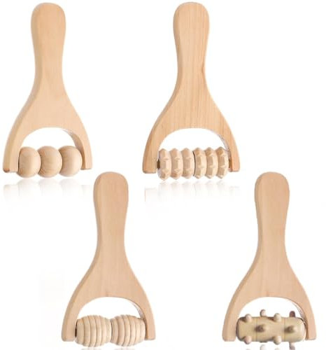 Youery 4 Stück Massageroller Holz, Rückenmuskel-Roller, Manuelle Holztherapie-Massagewerkzeuge, Massagegerät mit Griff Faszienrolle, zur Entspannung von Nacken,Rücken,Händen,Beine,Ganzkörpermuskulatur