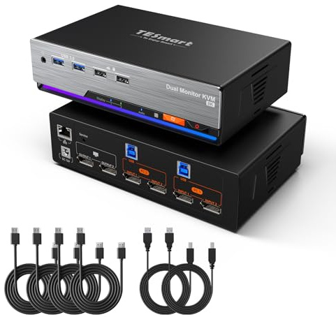 TESmart 8K@60Hz DisplayPort KVM Switch 2 PC 2 Monitor USB 3.0 DP 1.4 KVM Switch Dual Monitor 4K@144Hz per Gaming Dock, Supporta EDID, Gigabit Network, Hotkey, Audio Microfono, con Cavi PC