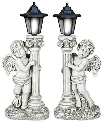 Grande statua di angelo con luci solari, statua da giardino a colonna romana per decorazioni esterne, statuette in resina impermeabile per portico, patio, prato, cortile, 19,7 H