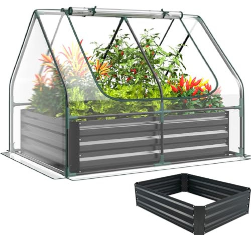 TANGZON Raised Garden Bed with Greenhouse, Galvanised Steel Planter Box Kit with PVC Cover, 2 Roll-Up Windows, Outdoor Vegetable Herb Flower Container Grow House (Grey+Clear, 127 x 95 x 93 cm)