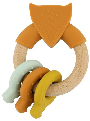 Trixie Anneau d'activité en bois et silicone – Mr. Fox | Jouet sensoriel pour bébé | Anneau de dentition et hochet sûr | Jouet de développement pour bébés