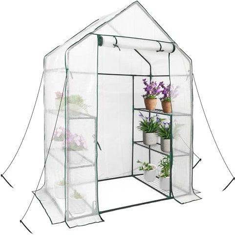 heyfurni Walk in Greenhouse with PE Cover, 3 Tier 6 Shelves Green House with Large Reinforced Tubular Steel Frame, Portable Growhouse for Indoor and Outdoor, 143x73x195cm, White