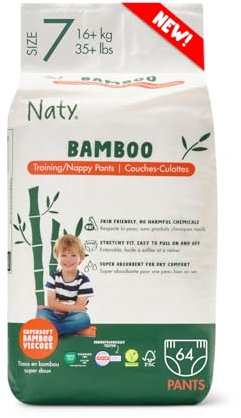 Naty Bamboo Windeln Pants aus Bambus-Viskose – Seidenweich, pflanzenbasierte Höschenwindeln, Dermatologisch getestet für empfindliche Haut & super saugstark (Größe 7, 64 Stück)