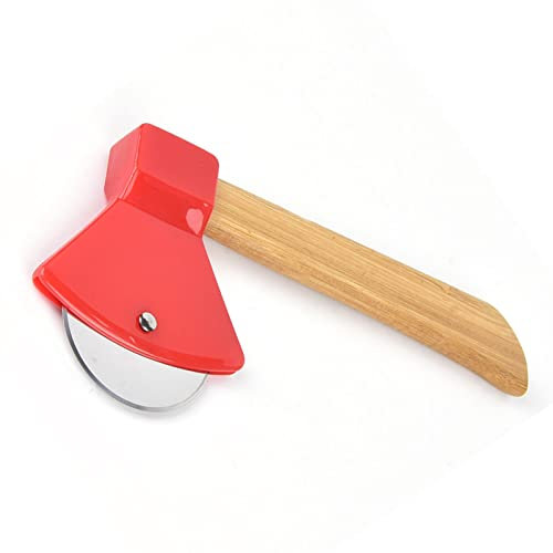Pizzamesser aus 430 Stahl PP, Bambusgriff, Ergonomische Rundaxt, Pizzaschneider für Heimrestaurants (Rot)