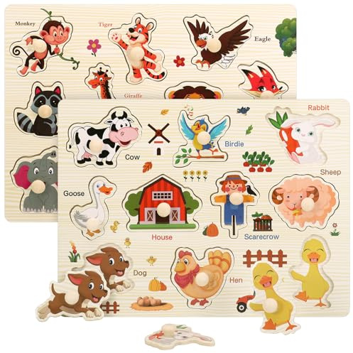 2 Set Wooden Puzzles for Kids 3-6 Year Olds, Chunky Child Farm Animals Peg Puzzles, Educational Jigsaw Puzzle for Preschool(Classic)