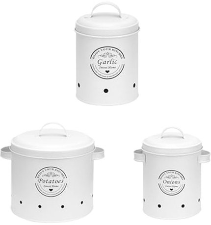 Kitchen Vegetable Storage Tins, Potato Onion Storage Canisters, Vintage Kitchen Storage Pots, White Vegetable Jars, Metal Potato Storage Canisters, Onion Storage Pots, Kitchen Canisters For Vegetables