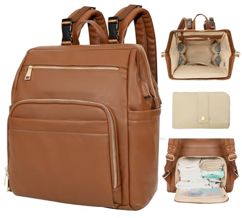 MISS FONG Baby Wickelrucksack Wickeltasche, Leder Rucksack mit Multifunktions Babytaschen, 18 Wickeltasche Organizer, Wickelunterlage, Wickeltasch Kinderwagen Haken,Braun