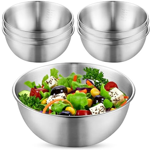 LEKEFETO Edelstahl Schüssel Set, 8 Stück 1200ML Rührschüssel mit Messmarken, Metall Schalen, Stapelbare Salatschüssel, Snackschalen, für Müslischale, Dipschale, Snackschale, Servierschale - Ø19cm