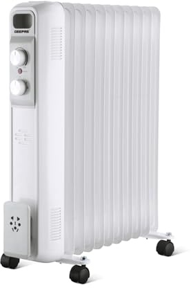 Geepas Oil Filled Radiator Heater 2500W, 11 Fin | Portable Electric Heater 3 Heat Settings | Adjustable Thermostat Safety Cut-off Overheat Protection Energy Efficient Heating White (Renewed)