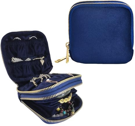 Zeelooroo Travel Jewelry Organizer Case, Lisse Velvet 2-Layer Pouch, 11-Pocket for Necklaces, Bracelets, Earrings & Rings, Anti-Tangle Scratch-Resistant Small Jewelry Bag, Elegant Gift (Navy Blue)