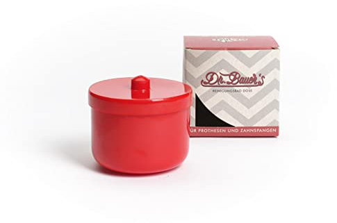 Dr. Bauer´s Reinigungsbad-Dose mit Klarspüleinsatz | Prothesendose | Gebissdose | Prothesendose mit Einsatz | Zahnspangendose (rot)