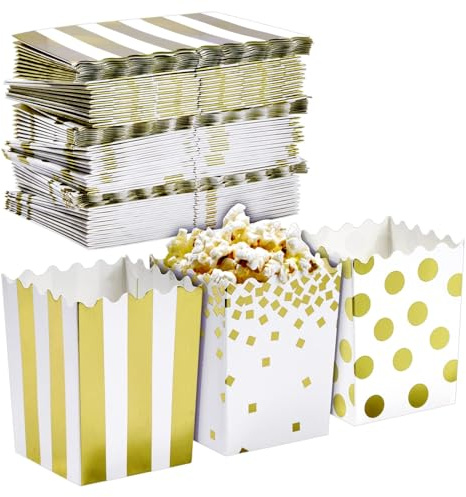 Juvale Mini Popcorn Boxes - Popcorn Containers for Bar Supplies, Carnival Decor & Circus Decorations & Movie Party Favors - 3 x 4 x 2.8 in, White & Gold Polka Dot, Pack of 60