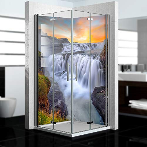 Dedeco 2x Premium Bad Duschrückwand mit Motiv: Wasserfall V2, 90x200cm, wasserfest, hochwertig fugenlose Wandverkleidung aus 3mm-Alu-Verbundplatte, Fliesenersatz ohne Bohren, Made in Germany