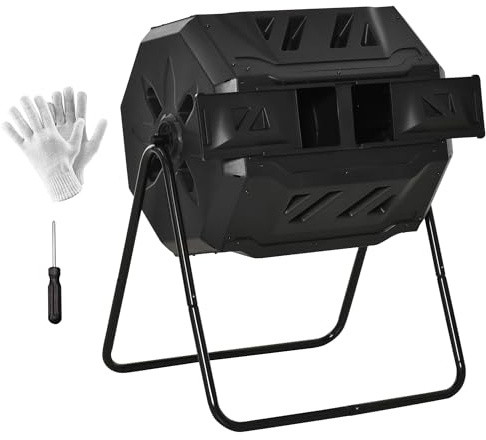Outsunny Tumbling Compost Bin Outdoor 360° Dual Chamber Rotating Composter 43 Gallon, Black