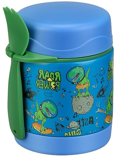Howeemo 10oz Soup Thermo for Hot Food Kids,Lunch Thermo Kids Food Jar with Spoon Hot Insulated Food Containers,Leak Proof Stainless Steel Wide Mouth Lunch Food Thermo Jar for School(Blue-Dinosaur)