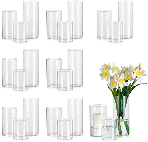 Glasseam Vase cylindrique pour fleurs, lot de 24 pots en verre transparent, vase décoratif moderne pour centres de table de mariage, pots à ouragan pour bougies de table (15/20/25cm)