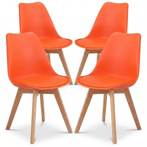 Bravich Set Of 4 Rocco Dining Chairs- Orange. Faux Leather Upholstered Dining Chair With Natural Wooden Legs, Cushion Pad Seat & Back Support For Kitchen Table- 42 x 42 x 81cm.