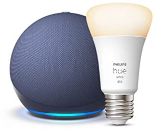 Echo Dot (5e génération) | Bleu marine + Philips Hue White ampoule connectée (E27), Fonctionne avec Alexa - Kit de démarrage Maison connectée
