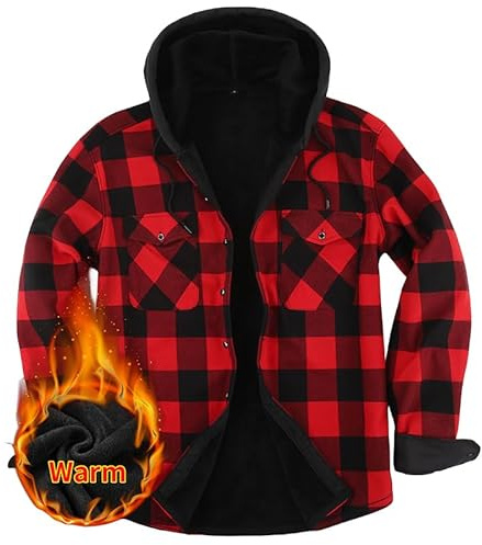 Iris Sprite Men's Plaid Shirt Padded Warm Lined Check Shirts Men Casual Plaid Shirts with Pocket Mens Hooded Check Jacket (Red, XXL)