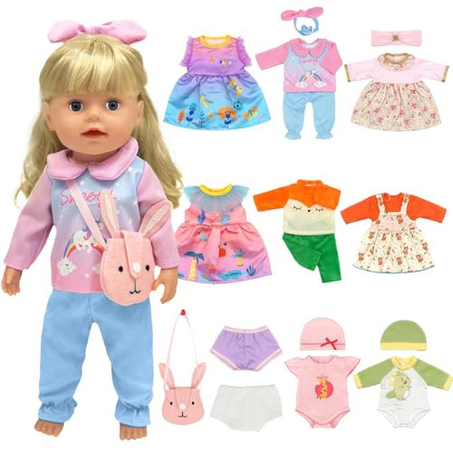11 Puppenkleider Set für 30-43 cm 13-18inch, Niedliche Puppenkleidungs Accessoires Neugeborene Babypuppen Kleider Set Gehören Hüte Stirnbänder Unterwäsche und Tasche Kleid Outfits für Baby Doll