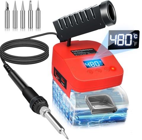 Cordless Soldering Iron for Makita 18V Battery Fast Heating,Electric Digital LCD Soldering Station with USB and Type C Charge Ports,Portable Adjustable Solder Iron kit for DIY,Jewelry (Red 2)